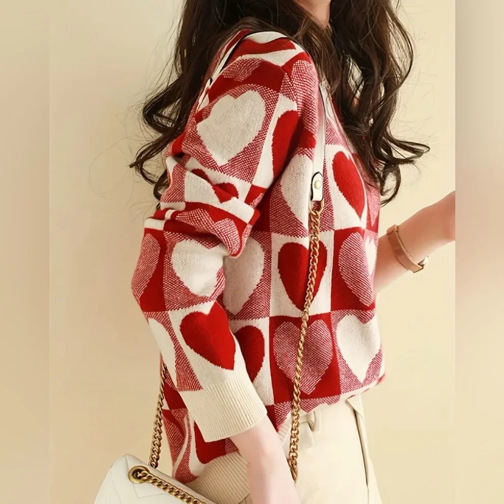 New Heart Pattern Knitted Pullover Sweater, Cotton Wool blend XL - Picture 5 of 12